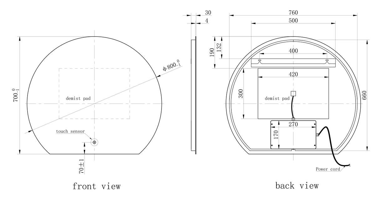 Olive Semi Circle Illuminated LED Mirror 700x760mm