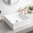 White rectangular sink in a bathroom setting with a mirror, toiletries, and plants.