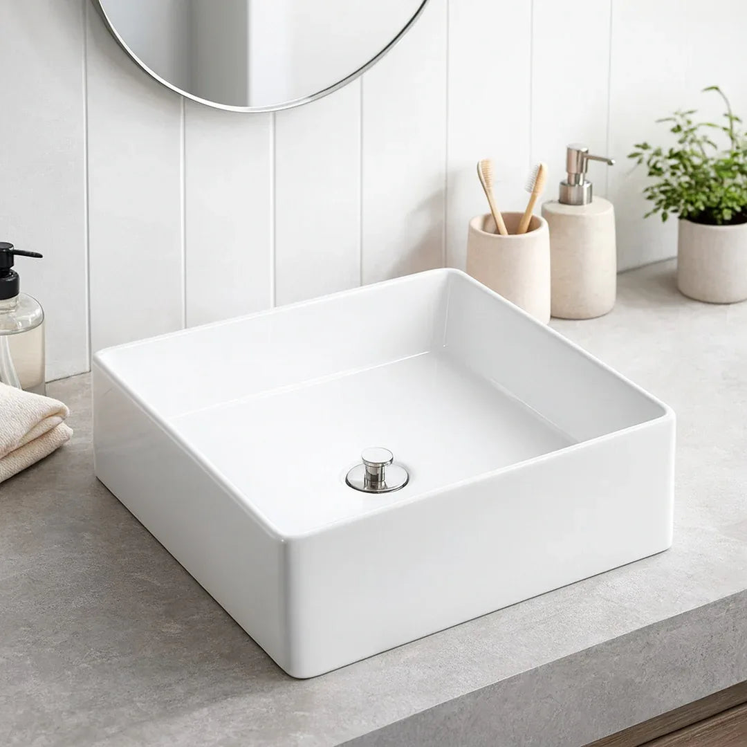 White rectangular sink in a bathroom setting with a mirror, toiletries, and plants.
