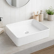White rectangular sink in a bathroom setting with a mirror, soap dispenser, and plant.