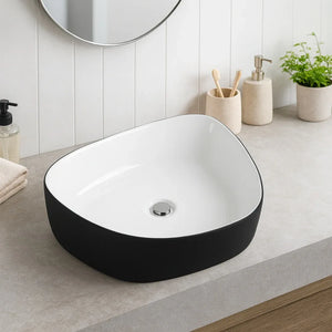 Black and white sink on a bathroom counter with a mirror and plants in the background.