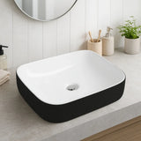 Rectangular black and white sink in a modern bathroom setting with a mirror and plants.