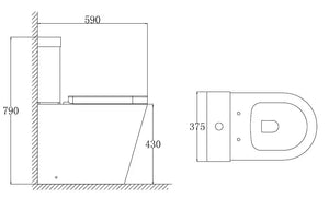 Technical drawing of a toilet with dimensions labeled
