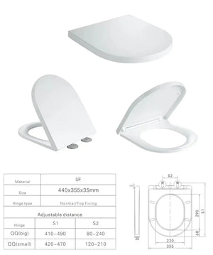 White toilet seat with dimensions and material information on a white background
