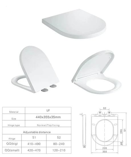 White toilet seat with dimensions and material information on a white background