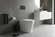 Modern bathroom with a toilet, sink, and towel rack.