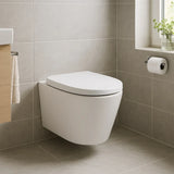 Modern white wall-mounted toilet in a bathroom with tiled walls and a window.