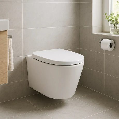 Modern white wall-mounted toilet in a bathroom with tiled walls and a window.