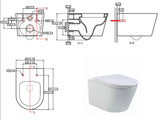 Technical drawing of a toilet with labeled parts and a modern toilet on a white background