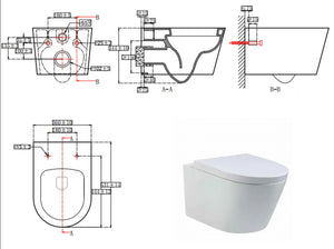 Technical drawing of a toilet with labeled parts and a modern toilet on a white background