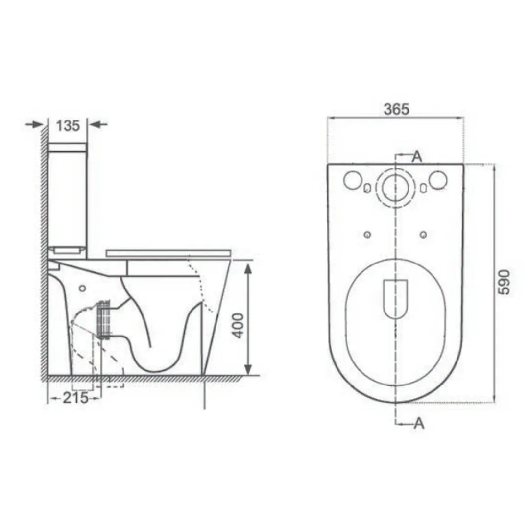 Technical drawing of a toilet with dimensions labeled