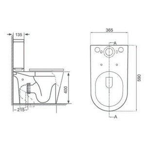 Technical drawing of a toilet with dimensions labeled