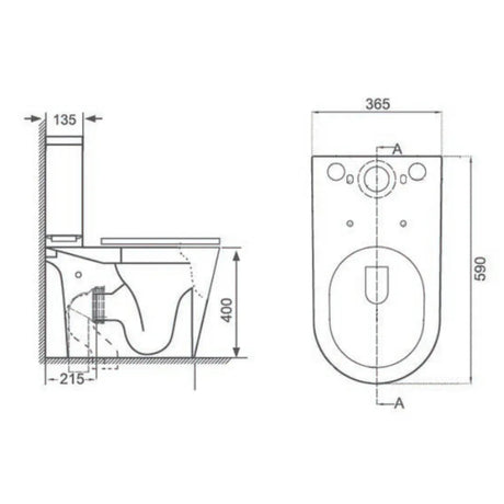 Technical drawing of a toilet with dimensions labeled