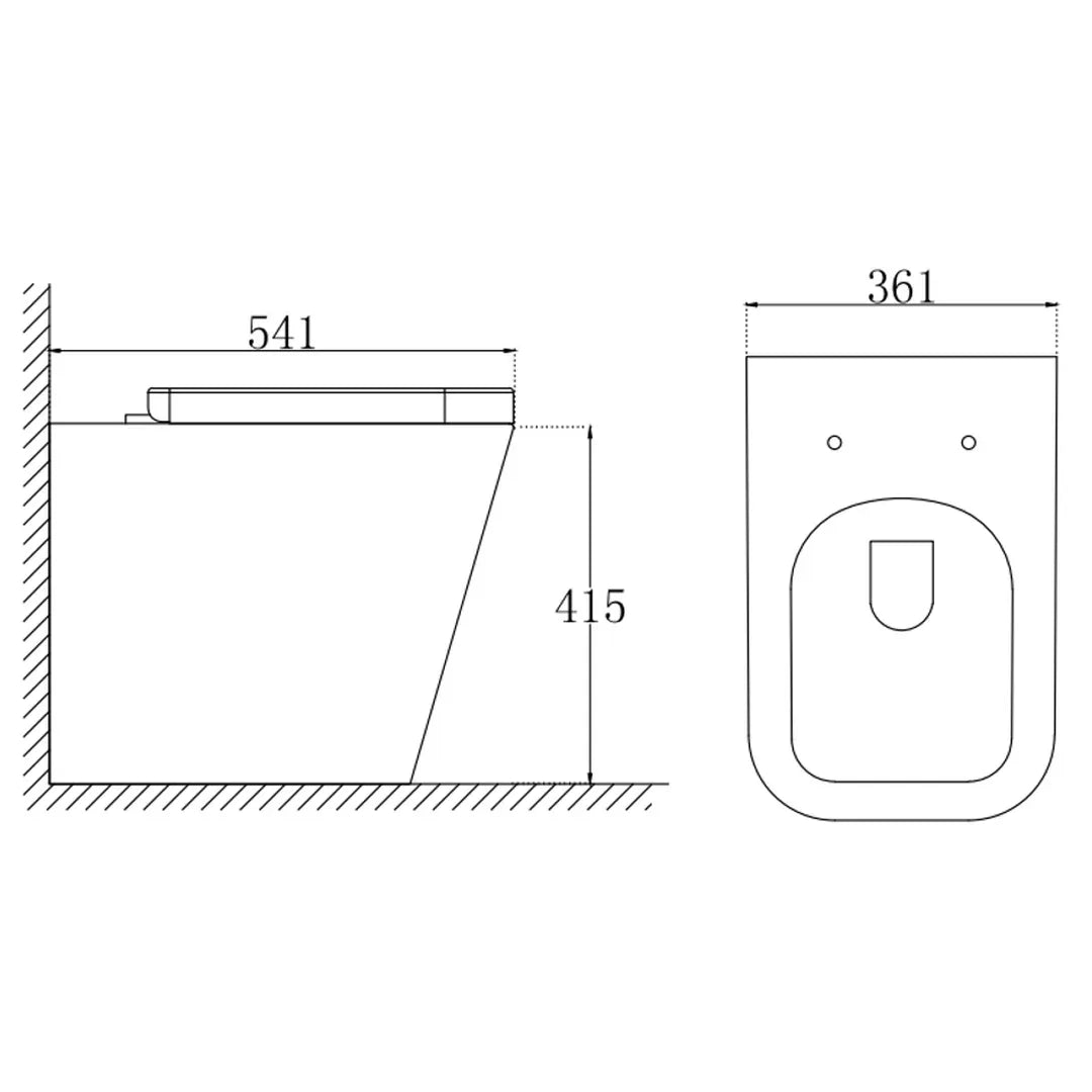 Technical drawing of a wall-mounted toilet with dimensions labeled