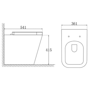Technical drawing of a wall-mounted toilet with dimensions labeled