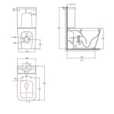 Technical drawing of a toilet with dimensions and details