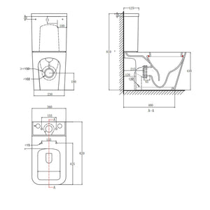 Technical drawing of a toilet with dimensions and details