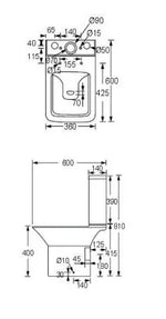 Technical drawing of a bathroom fixture with dimensions