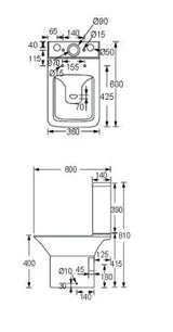 Technical drawing of a bathroom fixture with dimensions