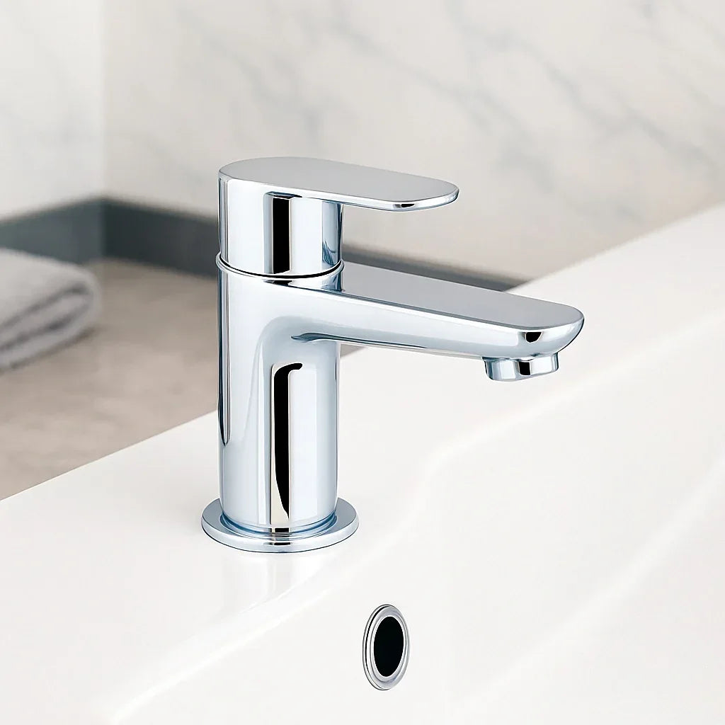 Chrome bathroom faucet on a white countertop with a neutral background