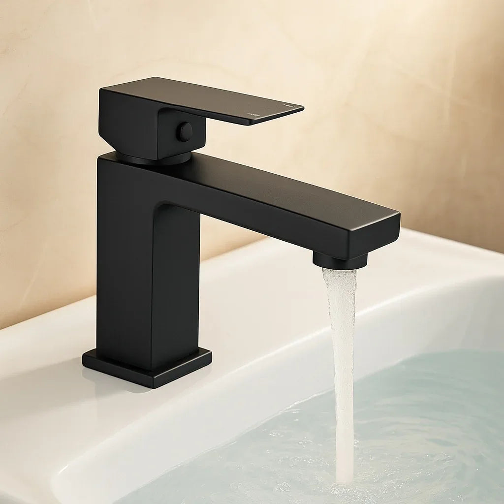 Black faucet on a sink with water flowing, against a beige background