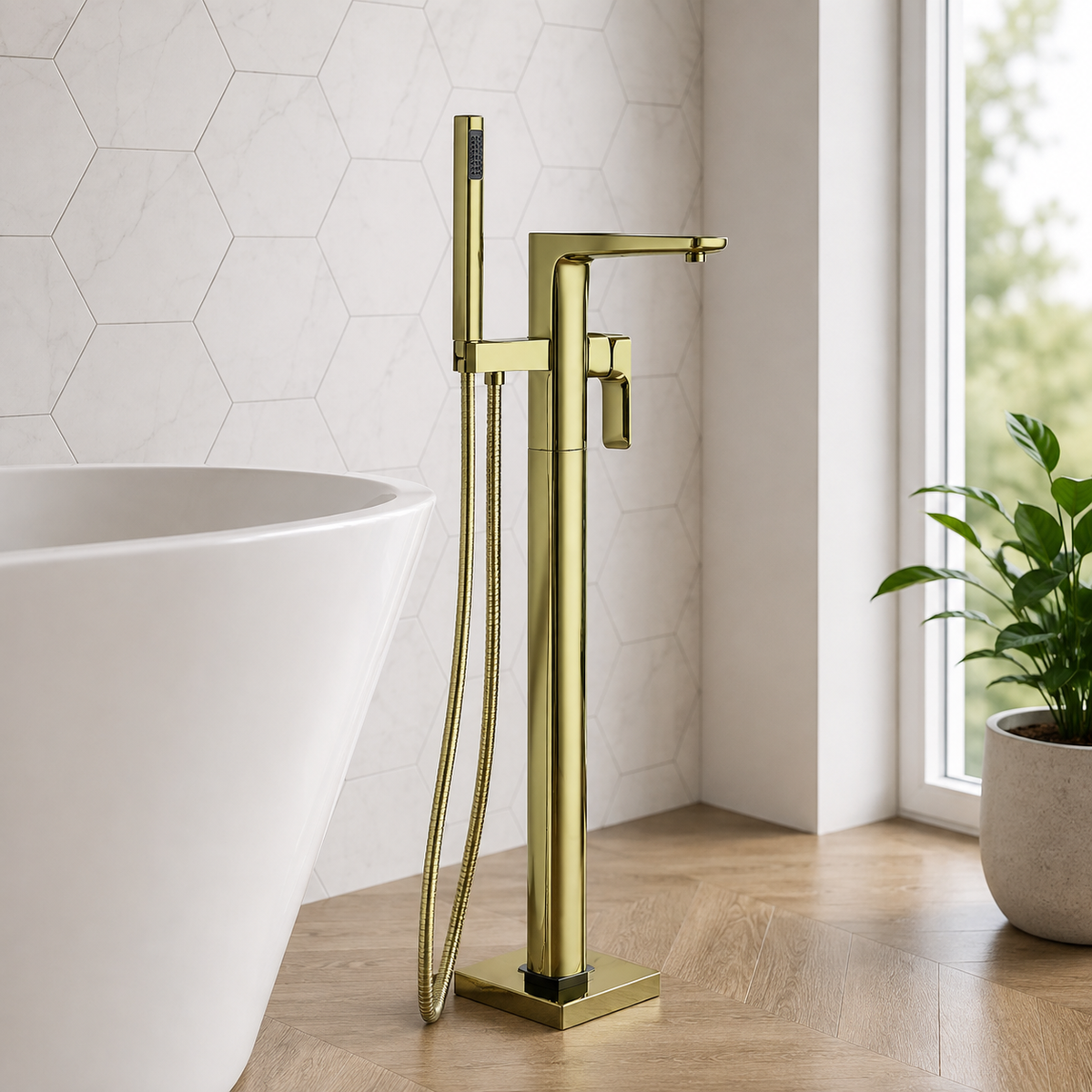 Aurora brushed brass freestanding bath shower mixer tap