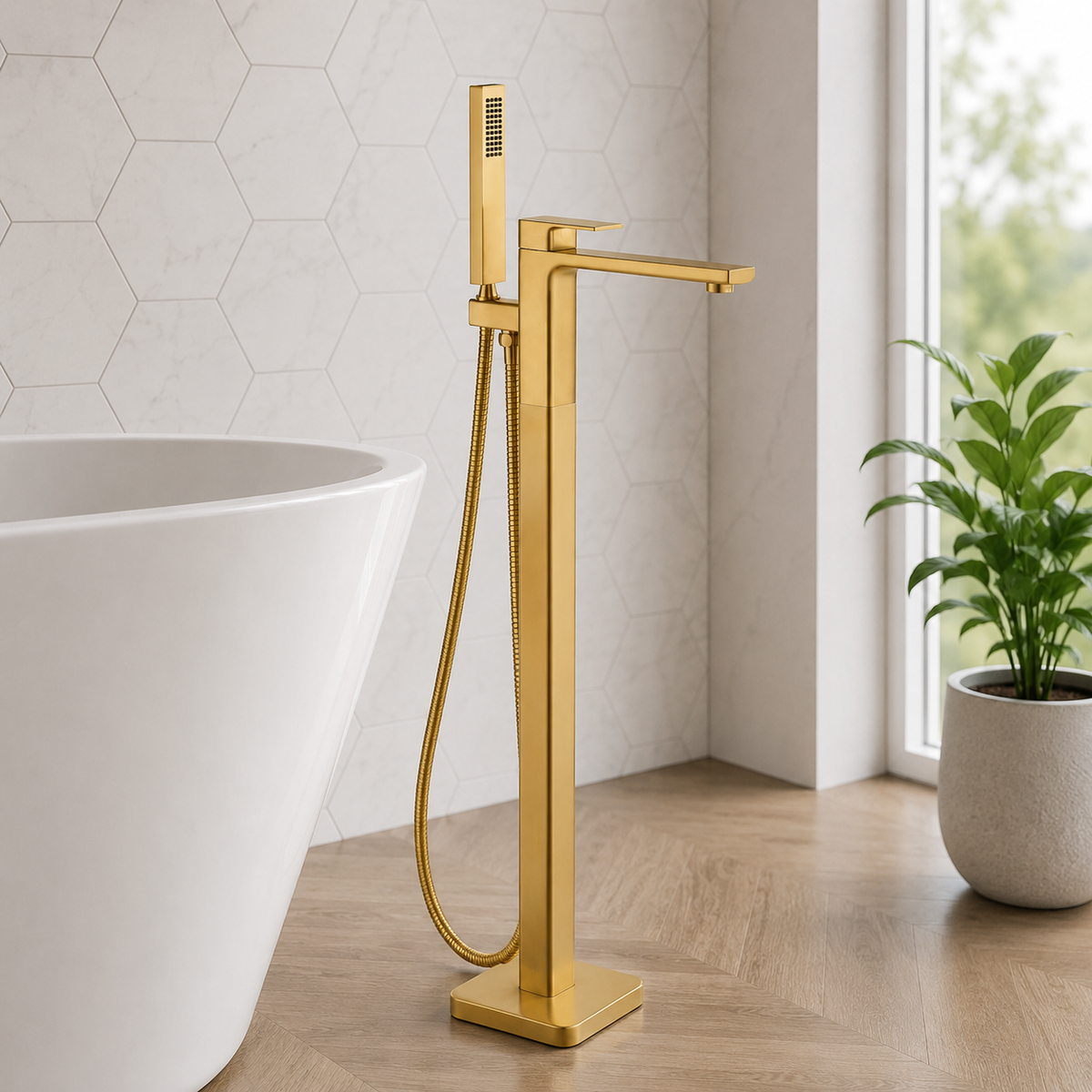 Kobe Brushed Brass Square Freestanding Bath Shower Mixer Tap