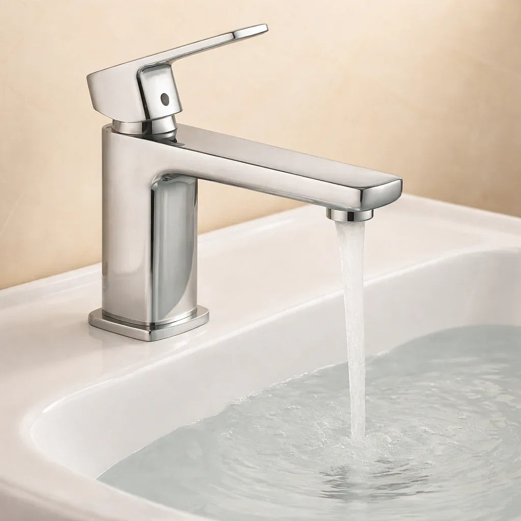Chrome faucet with water flowing into a sink against a beige background