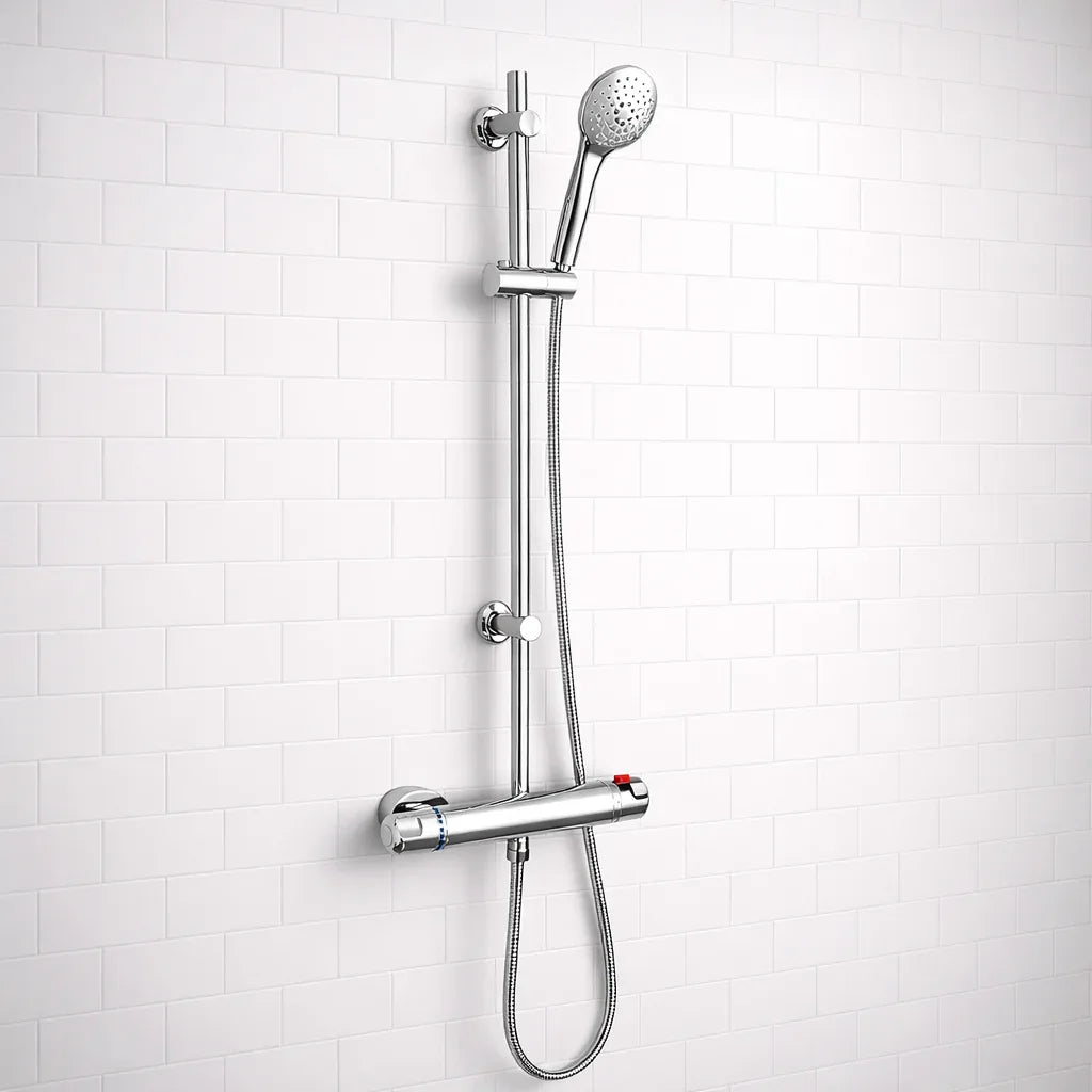 Chrome shower head and hose on a white tiled wall