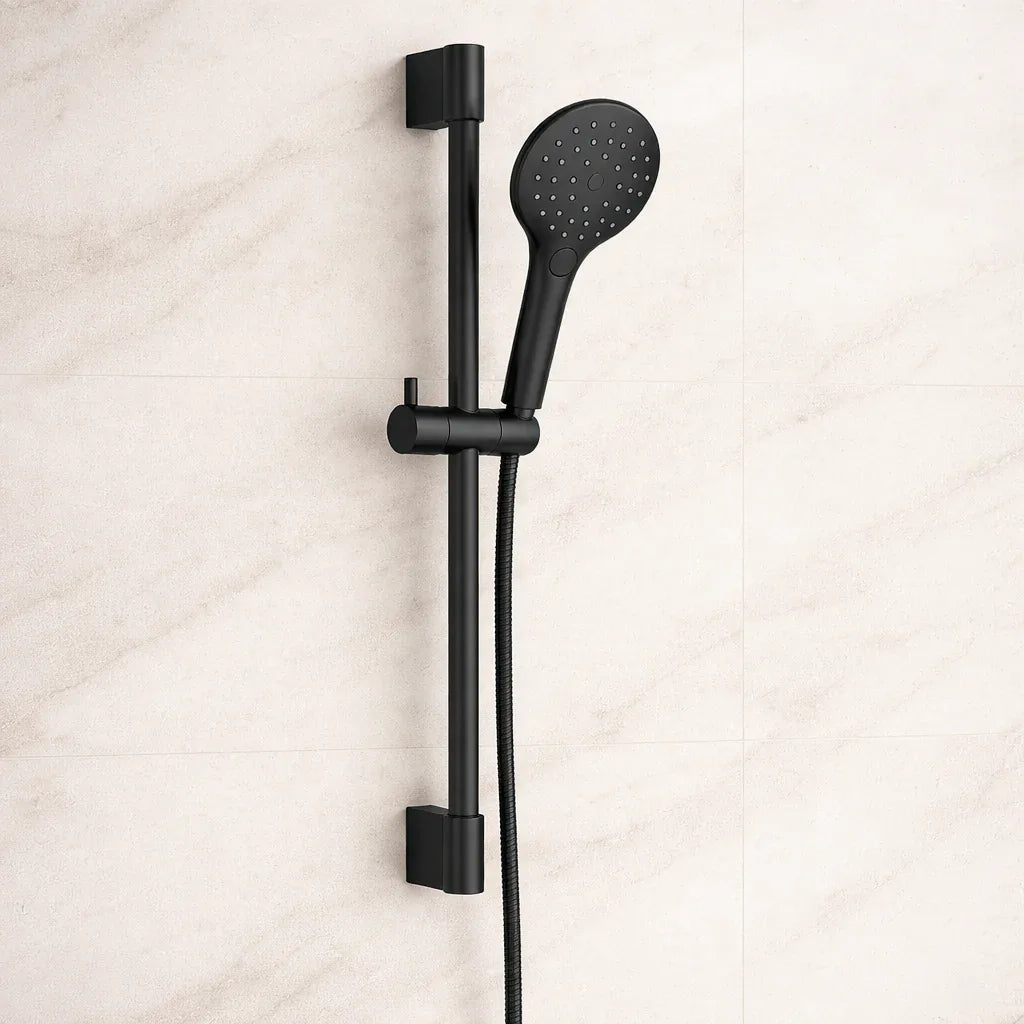 Black shower head with handheld shower on a light beige background