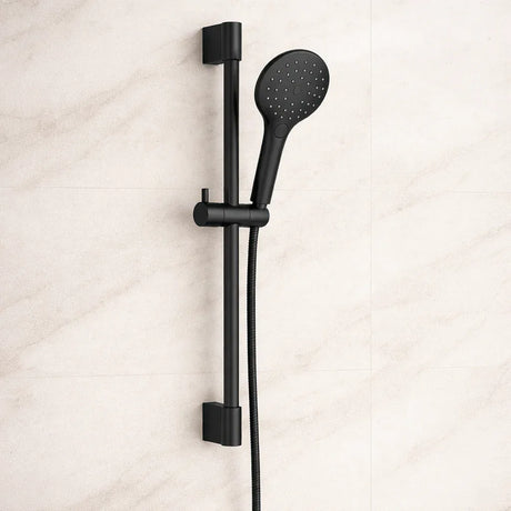 Black shower head with handheld shower on a light beige background