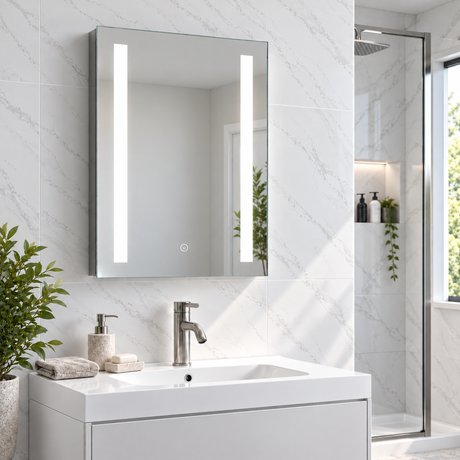 A modern wall-mounted rectangular bathroom mirror with integrated vertical LED light bars, shown above a white sink in a bright marble-tiled bathroom. A glass shower door and showerhead are visible in the background.