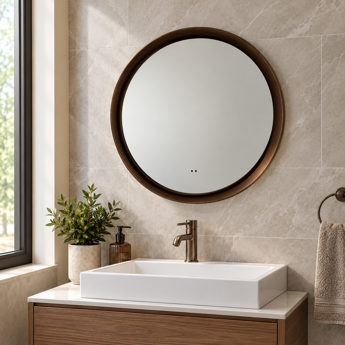 Orla Brushed Bronze Round Illuminated LED Mirror 600x520mm