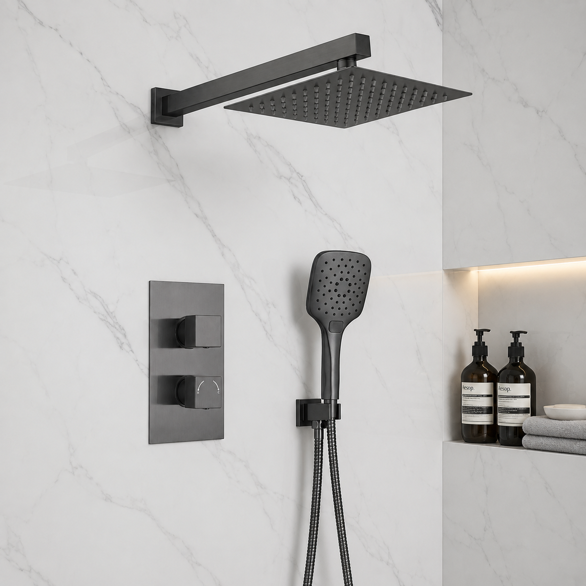 Mya Gunmetal Grey Square Thermostatic Shower Set - 250mm Head & Hand Shower