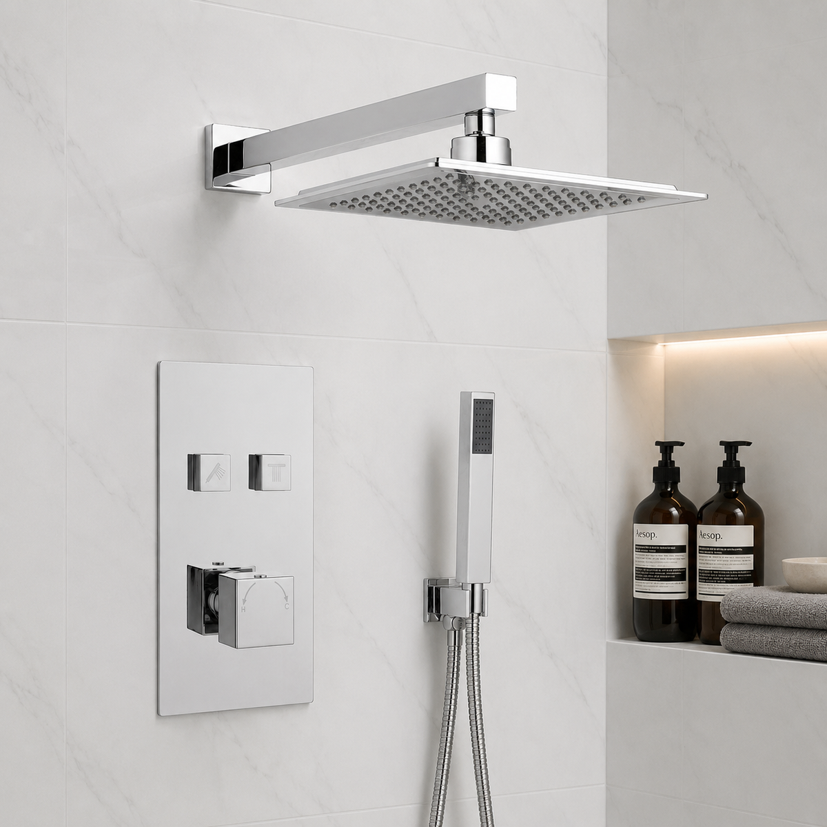 Mya Chrome Square Thermostatic Shower Set - 200mm Head & Hand Shower