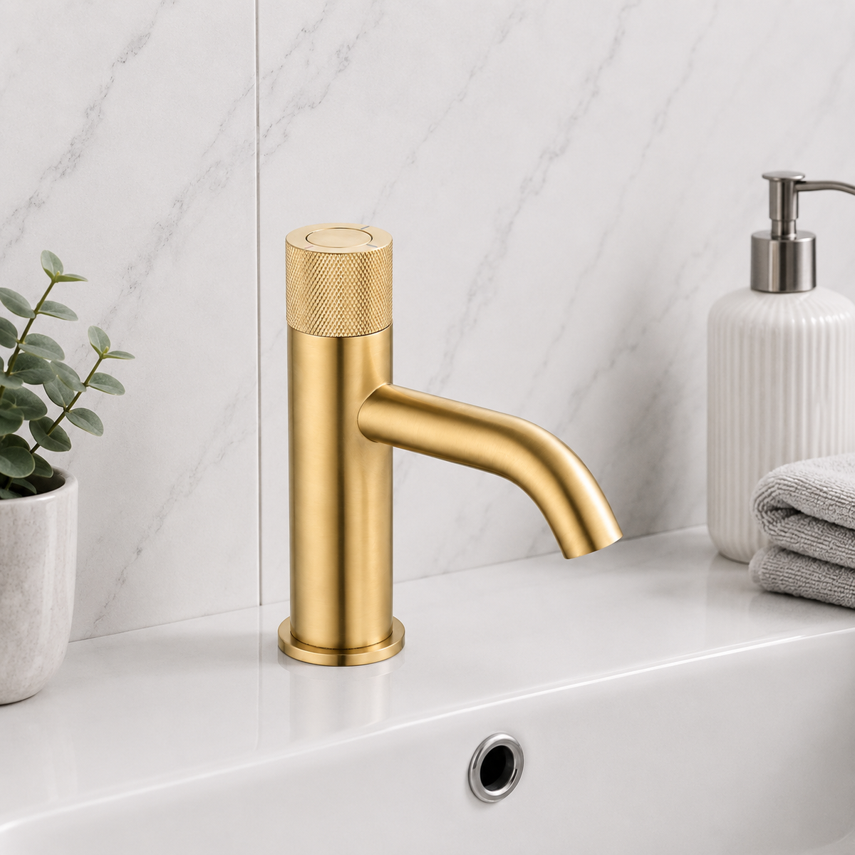 Bronte Brushed Brass Round Push Button Basin Mixer Tap