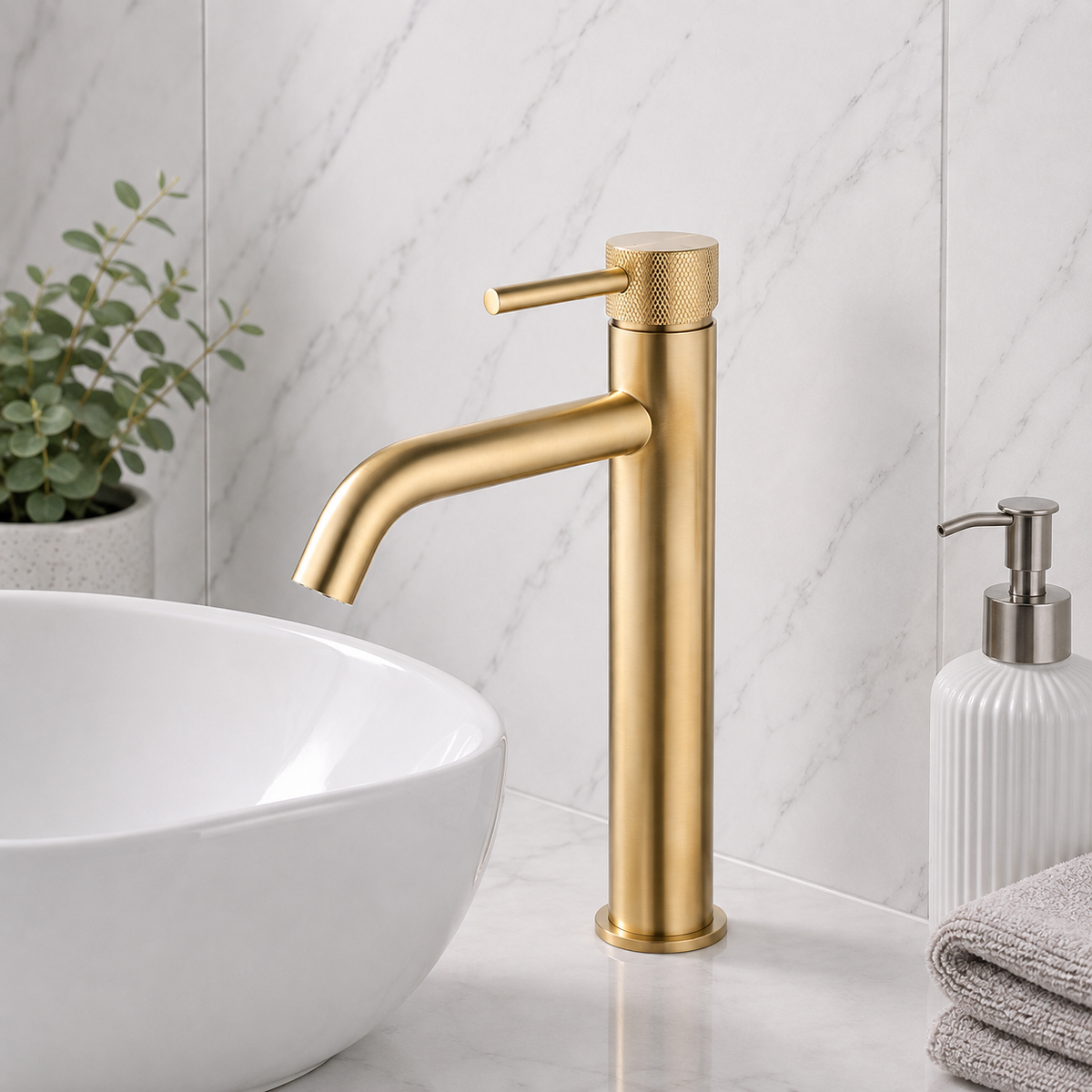 Bronte Brushed Brass Round High Rise Basin Mixer Tap