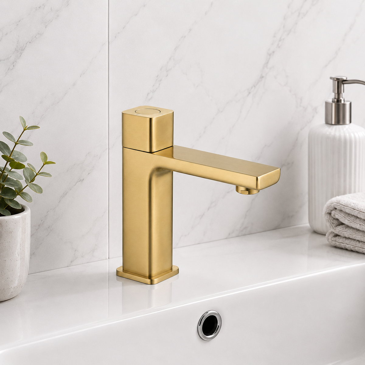 Kobe Brushed Brass Square Push Button Basin Mixer Tap