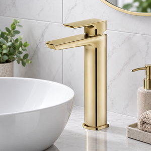 Aurora Brushed Brass High Rise Basin Mixer Tap