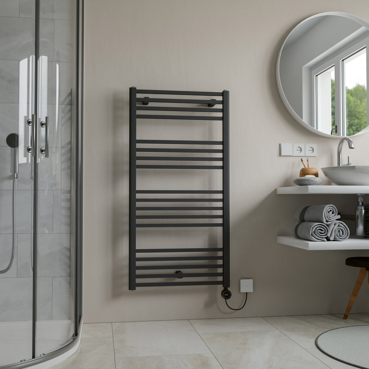 Eros Black Straight Heated Towel Rail 1174x500mm