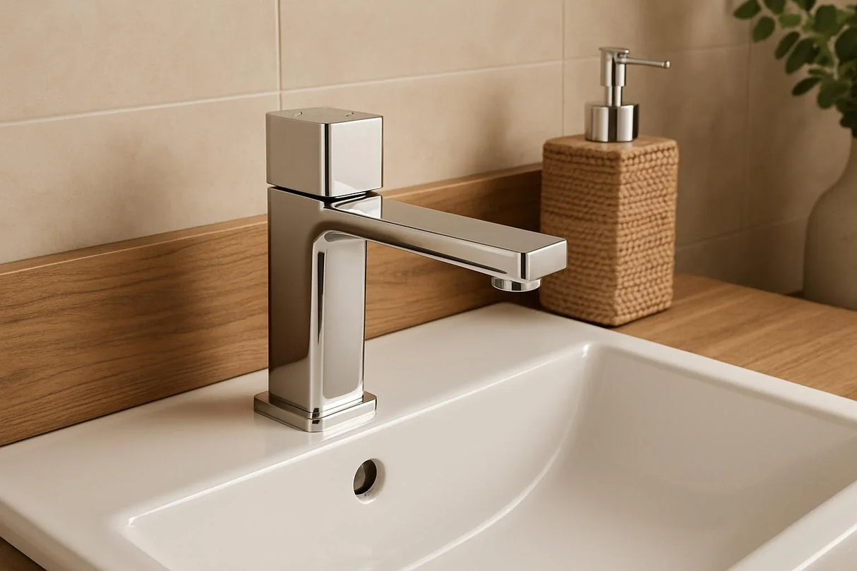 Chrome faucet on a sink with a textured soap dispenser in the background.