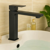 Black faucet on a bathroom sink with a blurred background