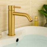 Gold faucet on a sink with a neutral background