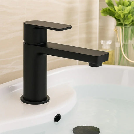 Black faucet on a white sink with a blurred background