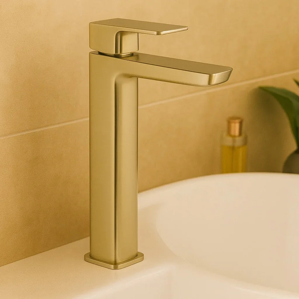 Gold faucet on a bathroom sink with a beige tiled wall in the background