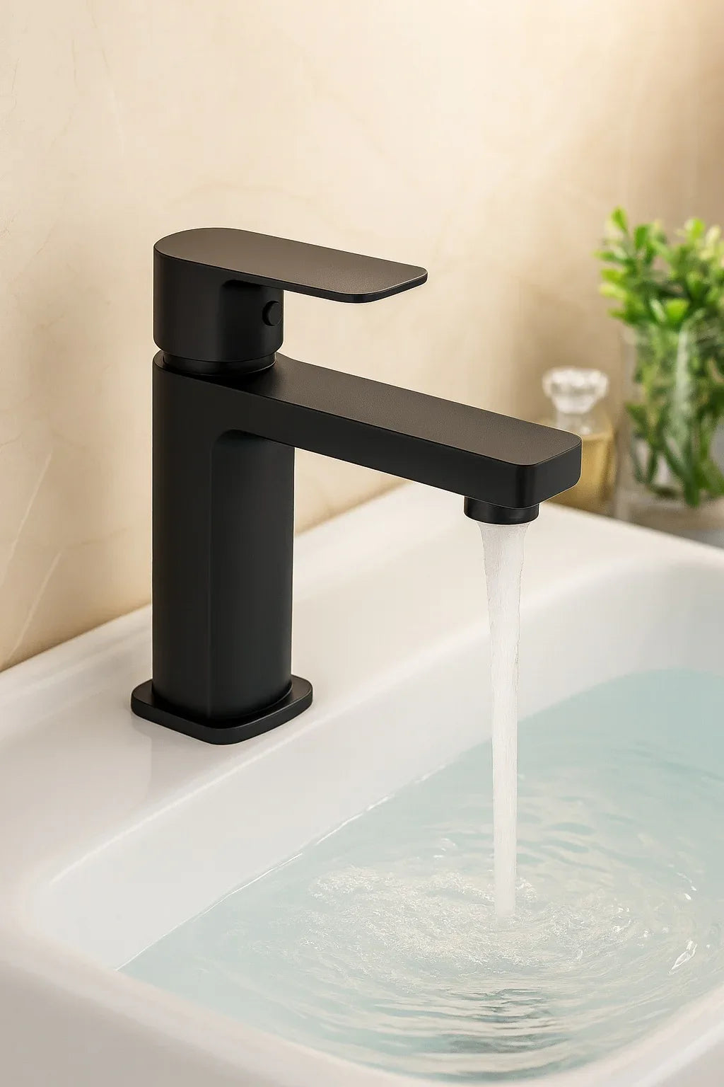 Black faucet on a sink with water flowing, against a neutral background.