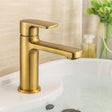 Gold faucet on a sink with a blurred background